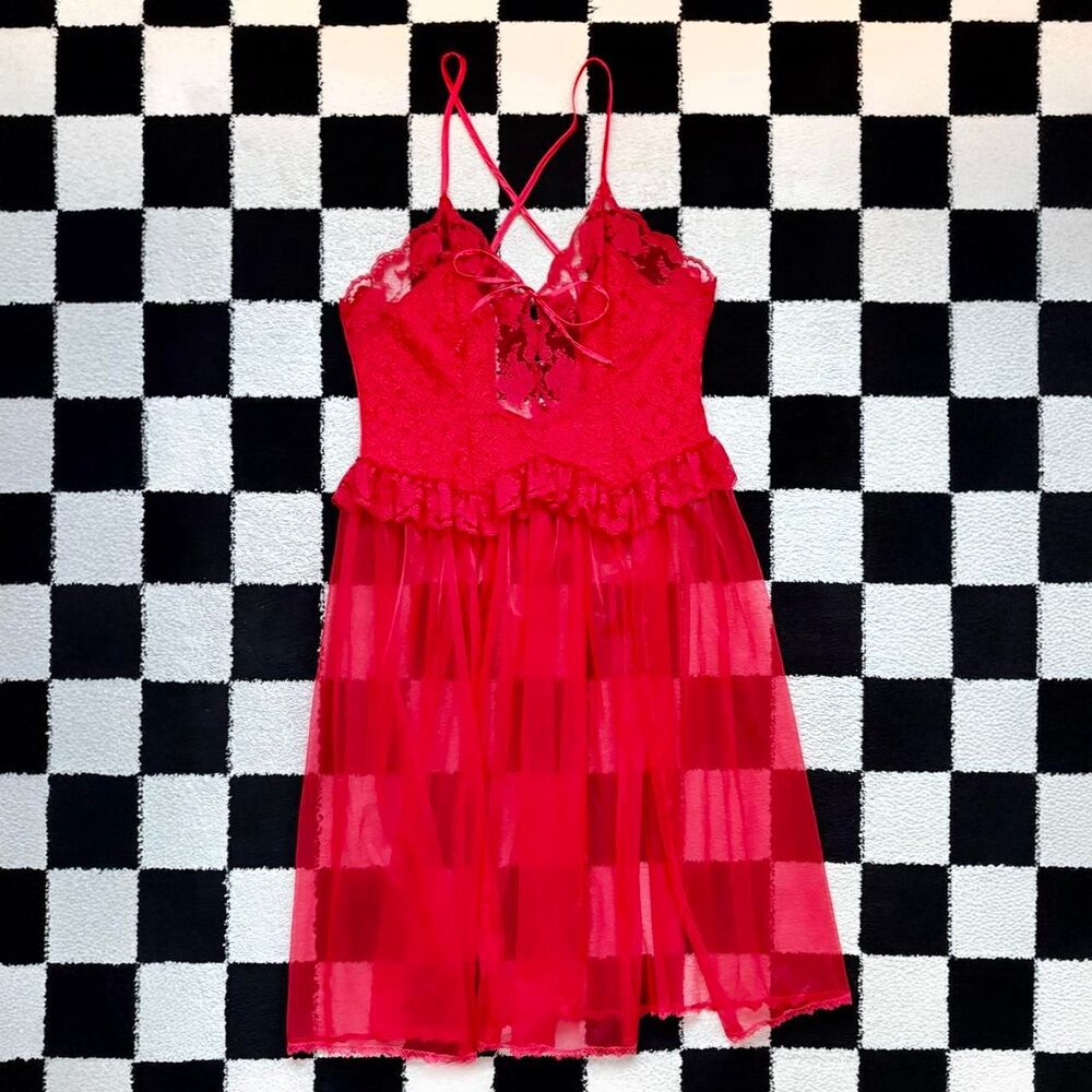 Vintage Red Lace Peignoir Nightgown Slip XL